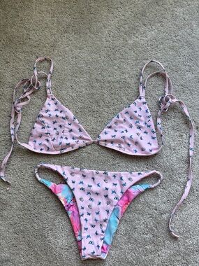 Kulani Kinis Reversible Pink Butterfly Print Triangle Bikini Set